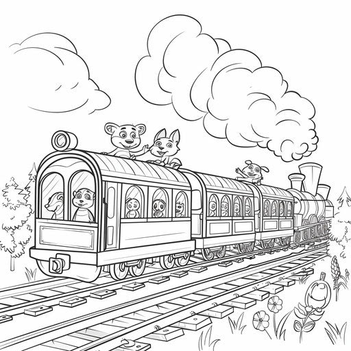 Train with animals in each car. Coloring book page