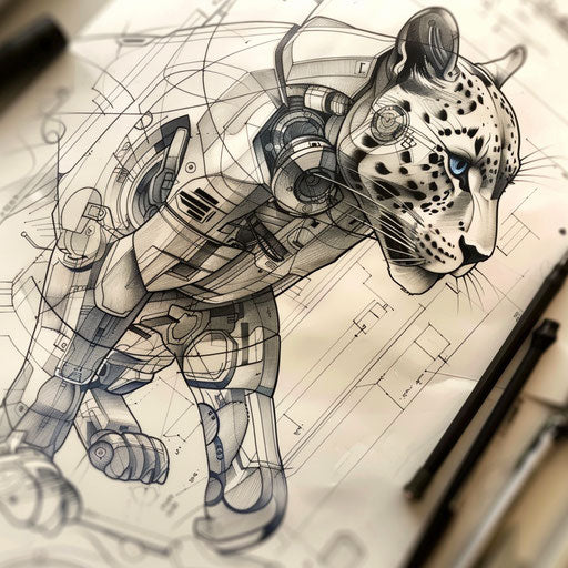 Biomechanical panther tattoo on white technical draft