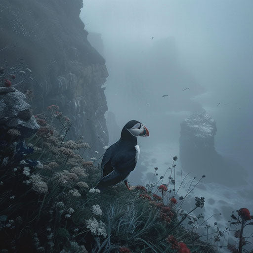 Puffin bird in a surreal misty coastal landscape