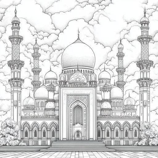 Detailed mosque architecture with ornate designs, Gennady Spirin style, coloring page