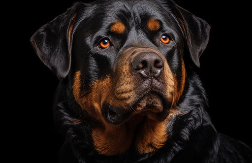 Rottweiler on black canvas, in realistic hyper-realism style