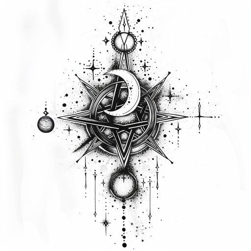 Flat tattoo sketch of a sigil for magic, entwined with stars and mystical orbs