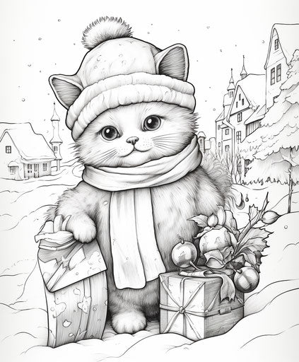 Cute cat in the snow with Christmas gifts for coloring page, captivating style