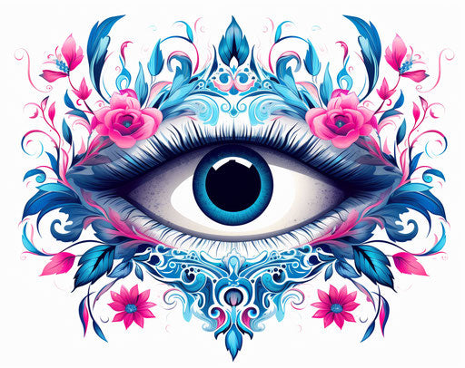 All-seeing eye in pink and azure floral patterns