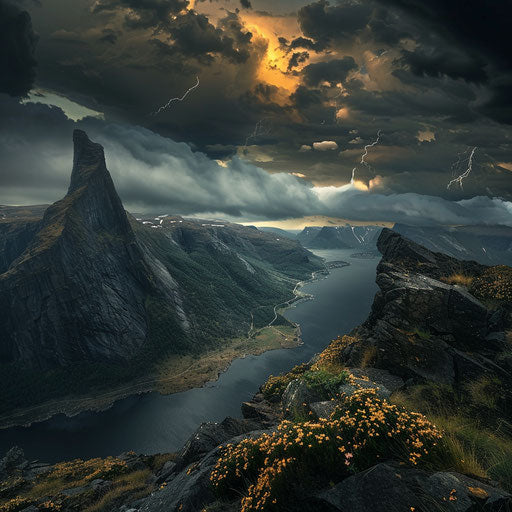 Approaching storm, dramatic lighting on rugged terrain