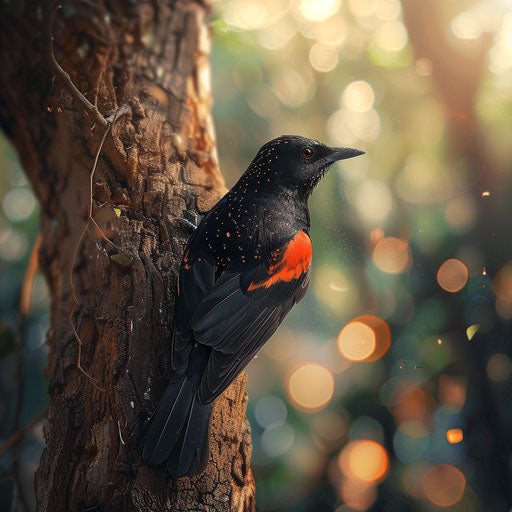 Black bird with red wings resting on a tree trunk