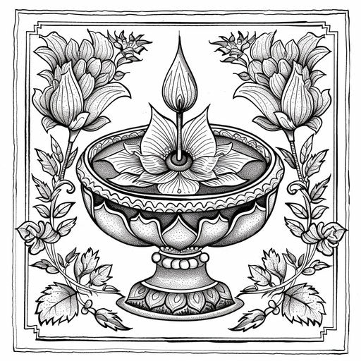 Ornate Diya lamp with detailed floral design. Coloring page