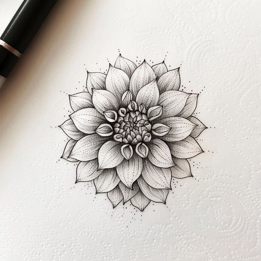 Pointillist dahlia tattoo sketch with tiny dots