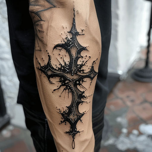 Elbow tattoo of a gothic cross, Gerald Brom style