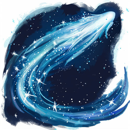 Dynamic sketch of a comet streaking through a starry sky, silver and dark blue, clipart style