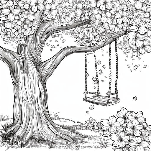 Swing under a blooming tree