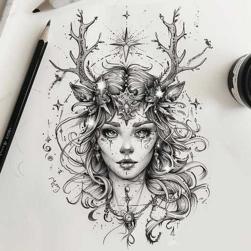 Elegant flat tattoo sketch of Artemis surrounded by stars and wildlife