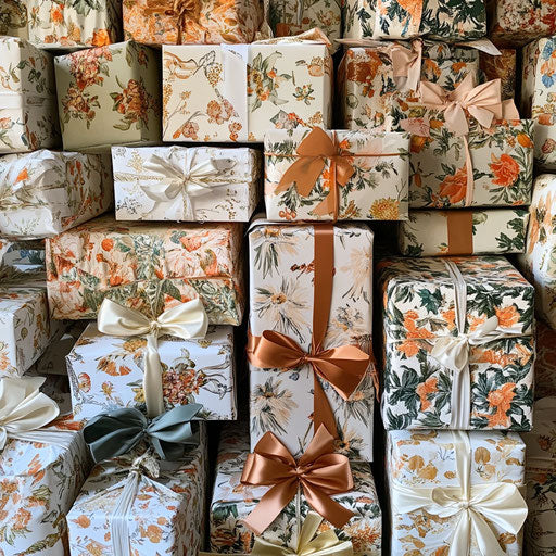 Wrapped gifts with various sizes, patterns, and ribbons