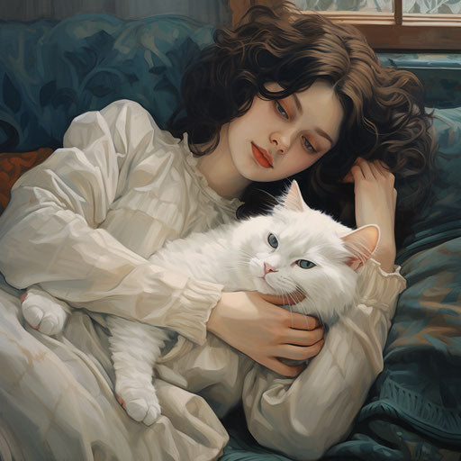 White cat sleeping on a couch with its owner