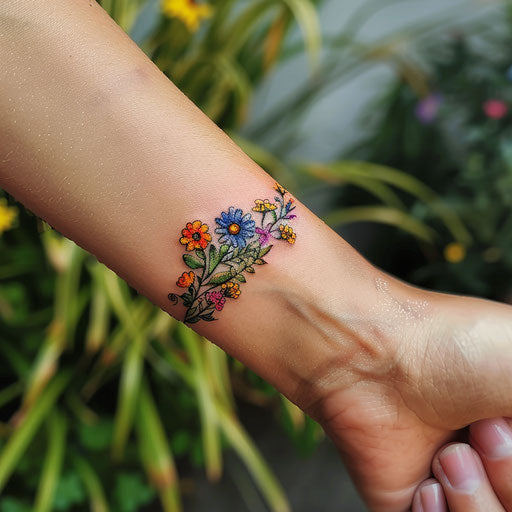 Wildflower wristband tattoo, continuous design, bright colors, playful