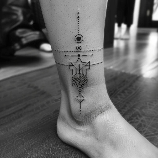 Contemporary flat tattoo sketch of an ankle bracelet with abstract black and white designs
