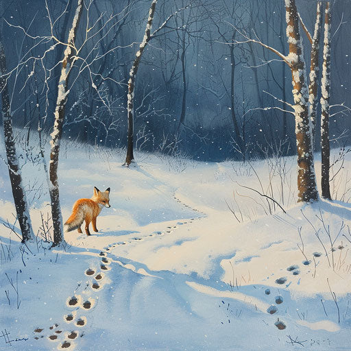 White fox explores first snow with paw prints