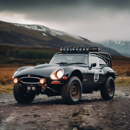 Jaguar E Type rally car with off-road modifications