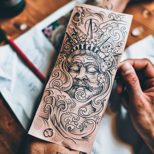 Japanese Irezumi style tattoo sketch of the Statue of Liberty with waves and cherry blossoms