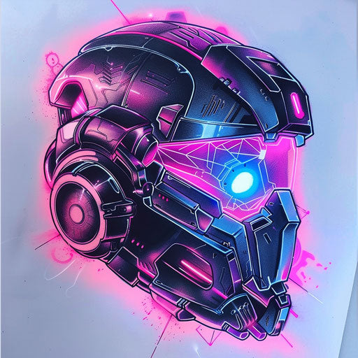 Sketch of retro-futuristic spartan helmet tattoo with neon lights and retro gadgets