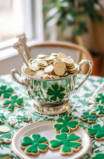 Elegant St. Patrick's Day party with green and white tablecloth
