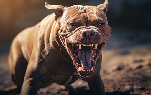 Snarling pit bull on ground, light maroon and light brown style