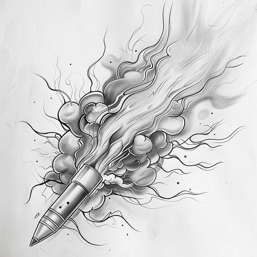 Dynamic flat tattoo sketch of a bullet in motion with abstract smoke trails