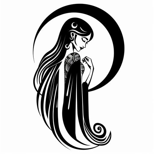 Flat tattoo sketch of Virgo, maiden in simple, elegant black and white