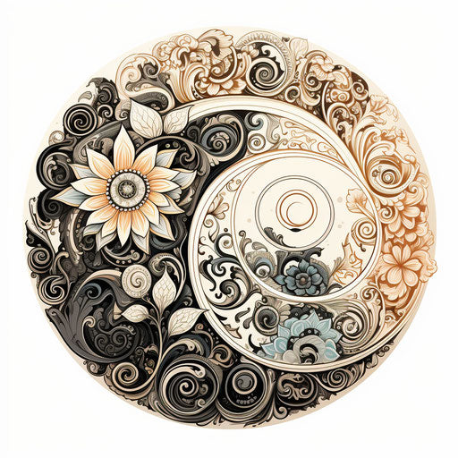 Yin yang symbol, black and white drawing, ornate style