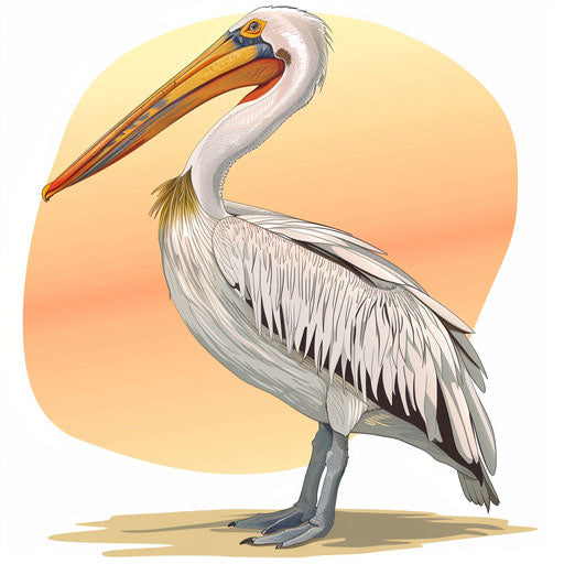 Pelican clipart in photo realistic style with a flat random background, glossy finish and sharp outlines