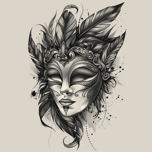 Sketch of tattoo with feathers of an elegant Venetian mask