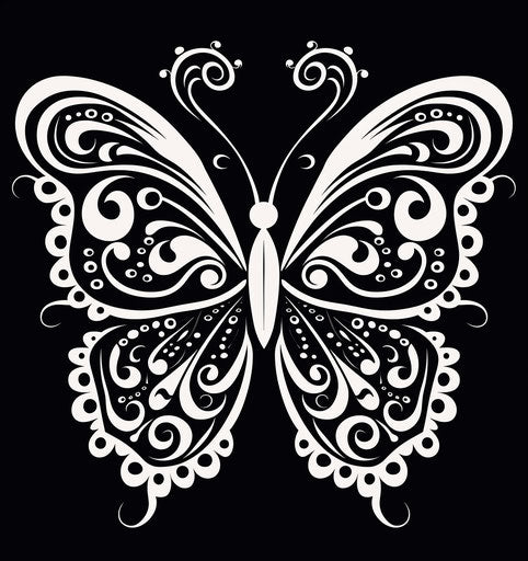 Black butterfly in squiggly line style, white and brown