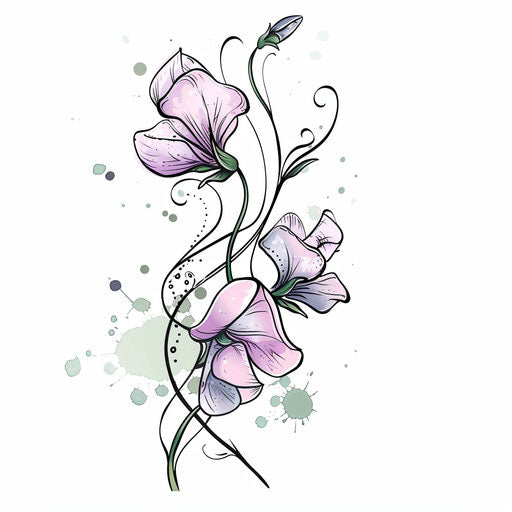 Playful sketch tattoo sweet pea with polka dots and stripes