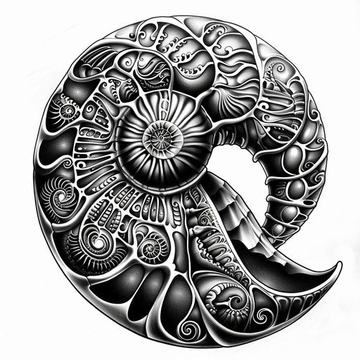 Bold tattoo sketch of a nautilus shell with intricate spiral patterns, in black and white, clipart style