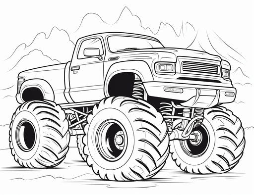 Monster truck coloring page, flowing silhouettes style, captivating
