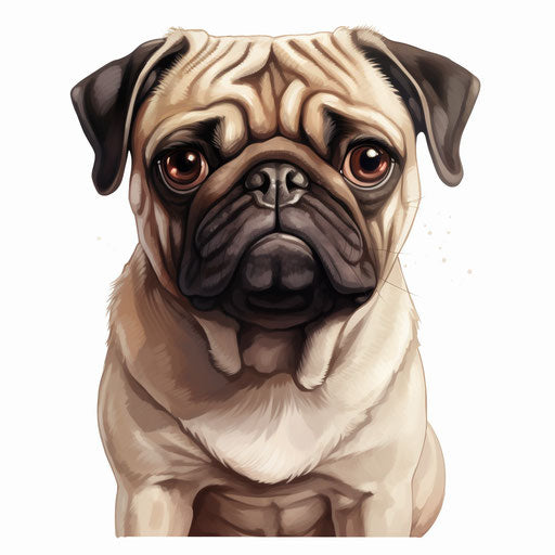 The pug dog on white background, Shige's visual aesthetic style, avocadopunk, Barbizon school