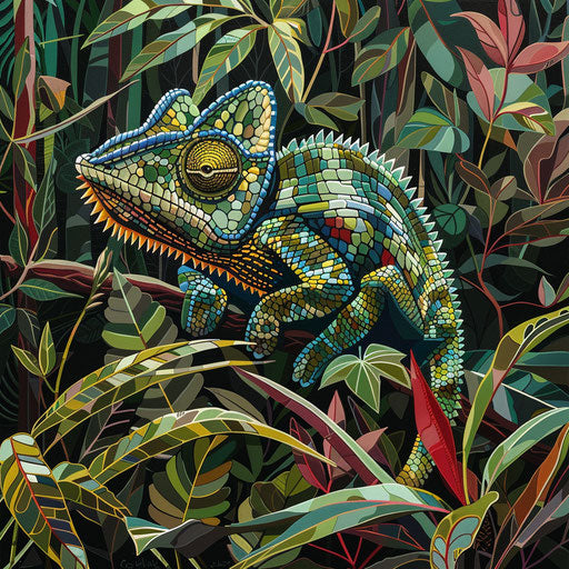 Chameleon blending in tropical jungle underbrush