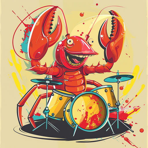 Whimsical sketch of a cartoon lobster playing drums
