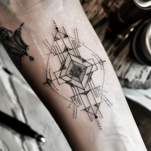 Bold graphic tattoo sketch for cross stitch tattoo with geometric shapes and monochrome palette
