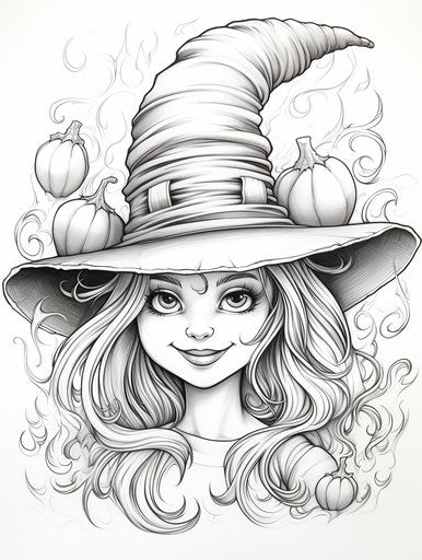 Pumpkin witch with hat, coloring pages