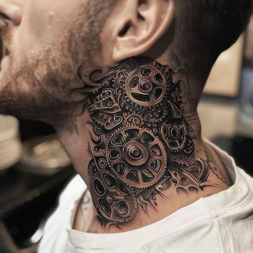 Men's neck tattoo with intricate mechanical gears