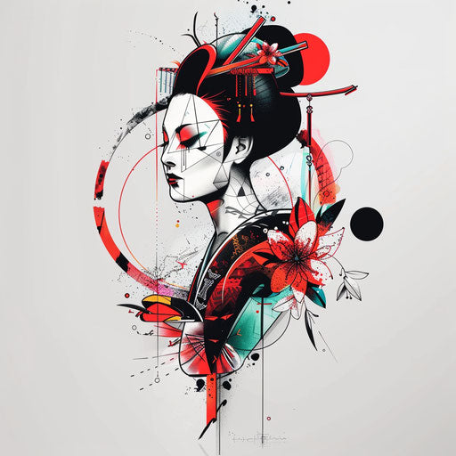 Geometric style geisha tattoo illustration with abstract shapes and bright, contrasting colors on a white canvas.