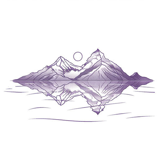 Minimalist violet mountain range tattoo design, clean lines, on white background