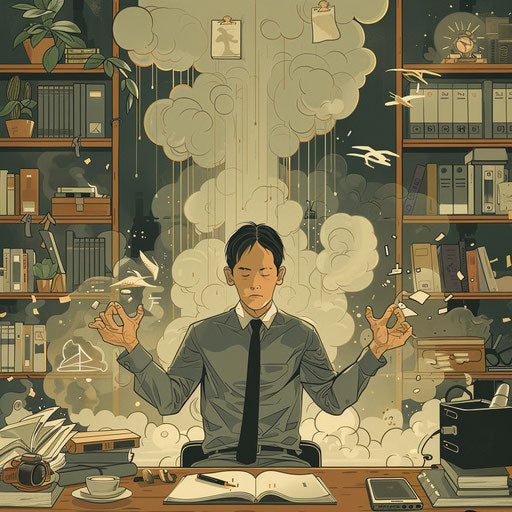 Businessman in a serene office practicing mindfulness