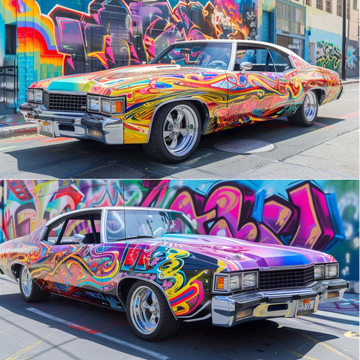 1976 Malibu Classic with custom graffiti art paint in urban area