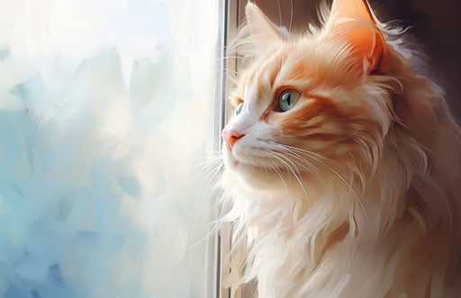 Orange and white cat with large blue eyes looks at a window