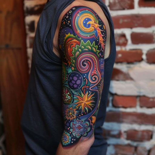 Half sleeve tattoo for men in the style of Guy Aitchison with cosmic, colorful patterns