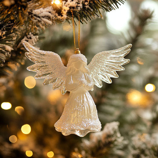 Hand-blown glass angel ornament, snow-dusted wings.