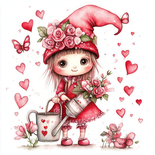 Cute pink gnome girl with watering can and heart butterflies