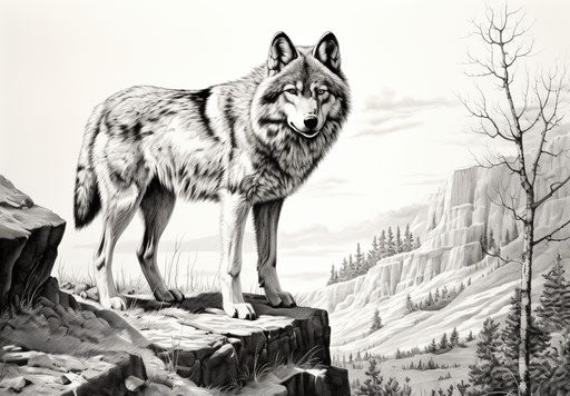 Free Wolves Coloring Pages Art for Your Computer and Free, in the Style of American Prints 1880-1950, Dark Yellow and Crimson, Carved Wood Blocks, Wildlife Photography, 1860-1969, Silver and Black, Full Body 33:23